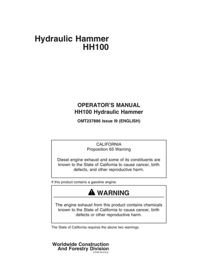 John Deere HH100 Hydraulic hammer Operator manual OMT237886 — actual manual cover