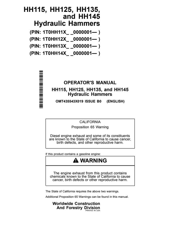 John Deere HH115; HH125; HH135; HH145 Hydraulic hammer Operator manual OMT435543X01 — actual manual cover