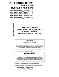 John Deere HH115; HH125; HH135; HH145 Hydraulic hammer Operator manual OMT435543X01 — actual manual cover