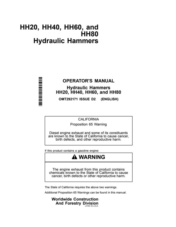 John Deere HH20; HH40; HH60; HH80 Hydraulic hammer Operator manual OMT292171 — actual manual cover