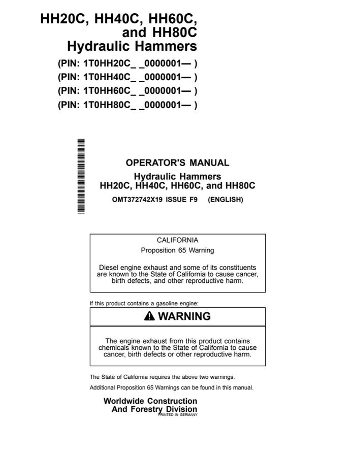 John Deere HH20C; HH40C; HH60C; HH80C Hydraulic hammer Operator manual OMT372742X19 — actual manual cover