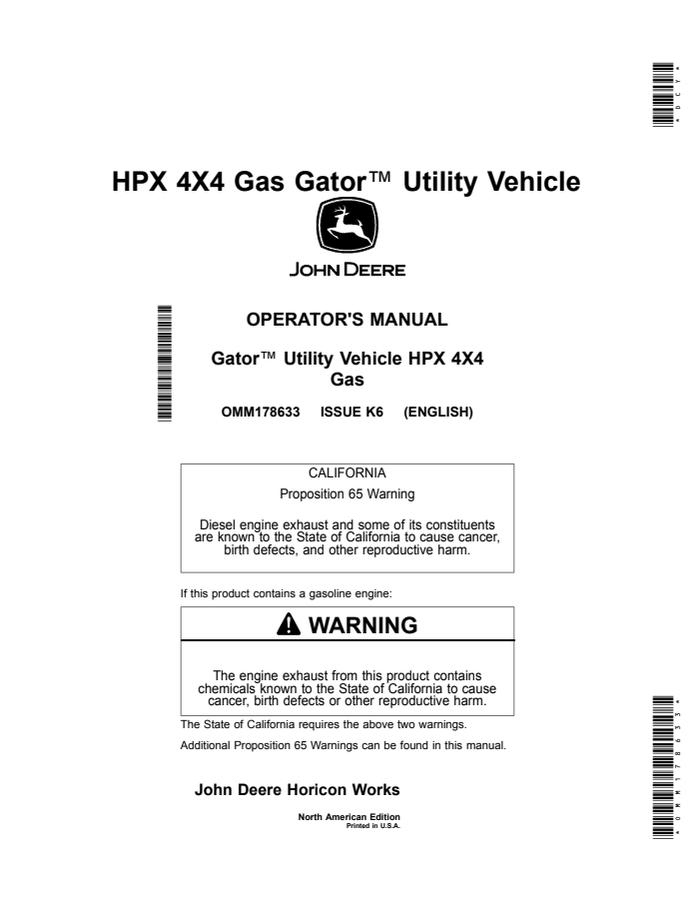 John Deere HPX 4x4 Gas Utility vehicle Operator manual OMM178633 — actual manual cover
