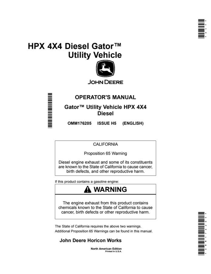 John Deere HPX 4X4 Utility vehicle Operator manual OMM176205 — actual manual cover