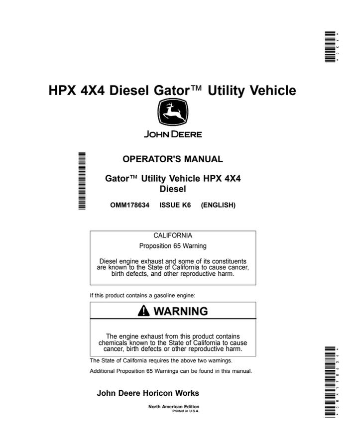John Deere HPX 4X4 Utility vehicle Operator manual OMM178634 — actual manual cover