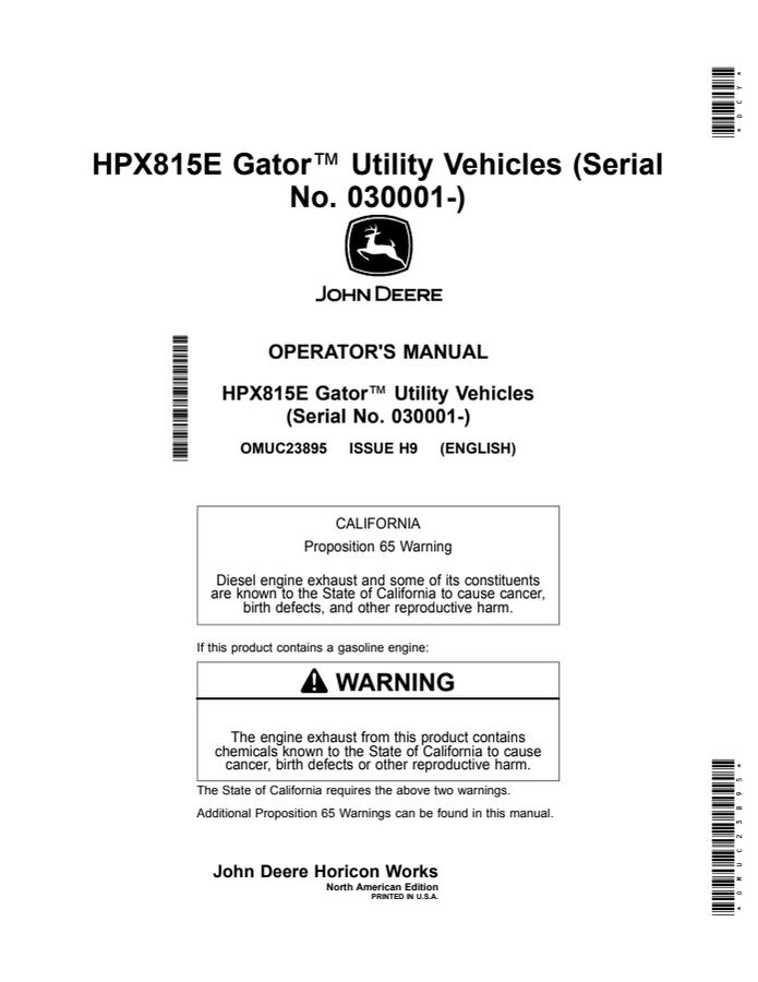 John Deere HPX815E Utility vehicle Operator manual OMUC23895 — actual manual cover