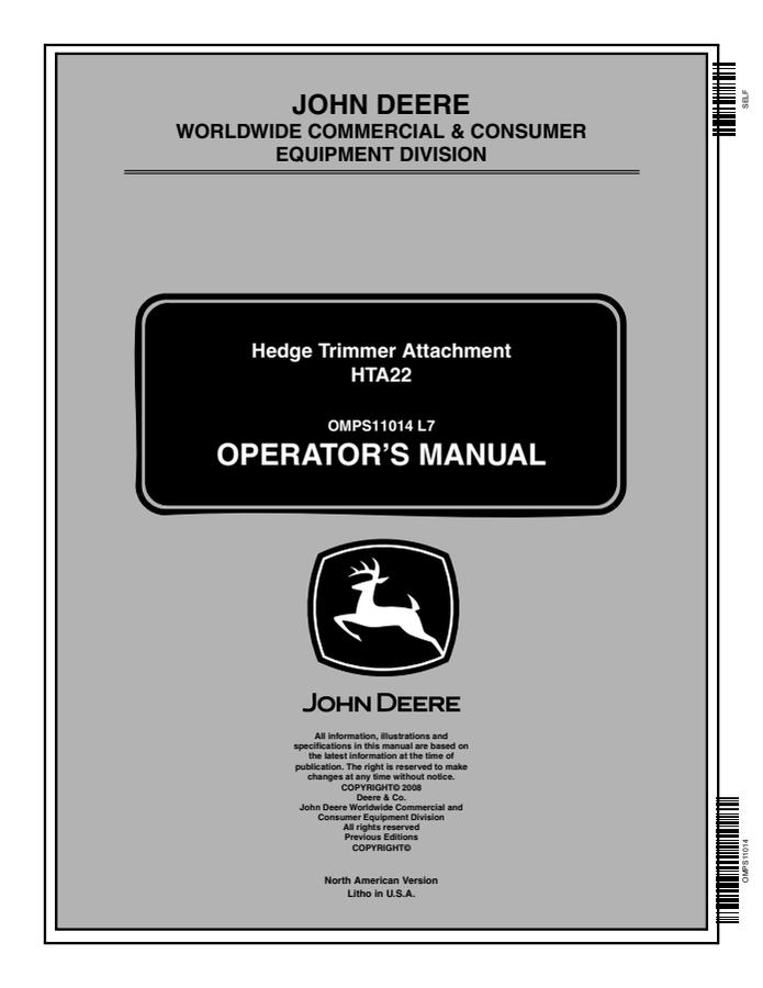 John Deere HTA22 Hedge trimmer attachment Operator manual OMPS11014 — actual manual cover
