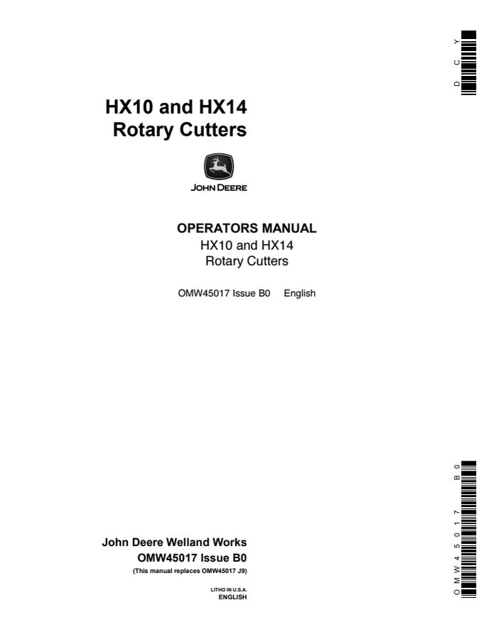 John Deere HX10, HX14 Rotary cutter Operator manual OMW45017 — actual manual cover