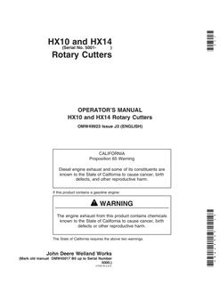 John Deere HX10, HX14 Rotary cutter Operator manual OMW49923 — actual manual cover