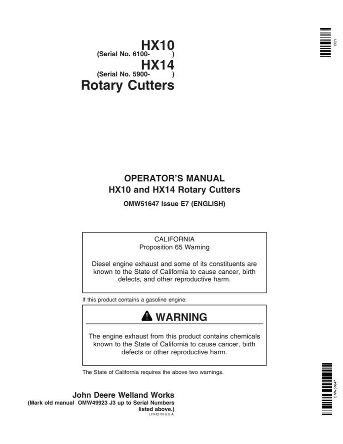 John Deere HX10, HX14 Rotary cutter Operator manual OMW51647 — actual manual cover