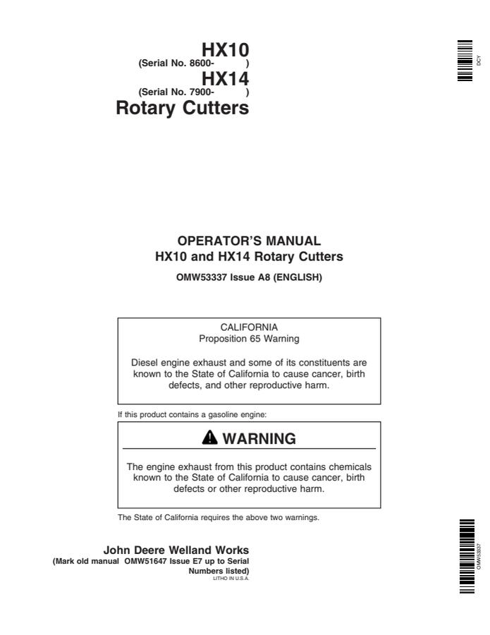 John Deere HX10, HX14 Rotary cutter Operator manual OMW53337 — actual manual cover