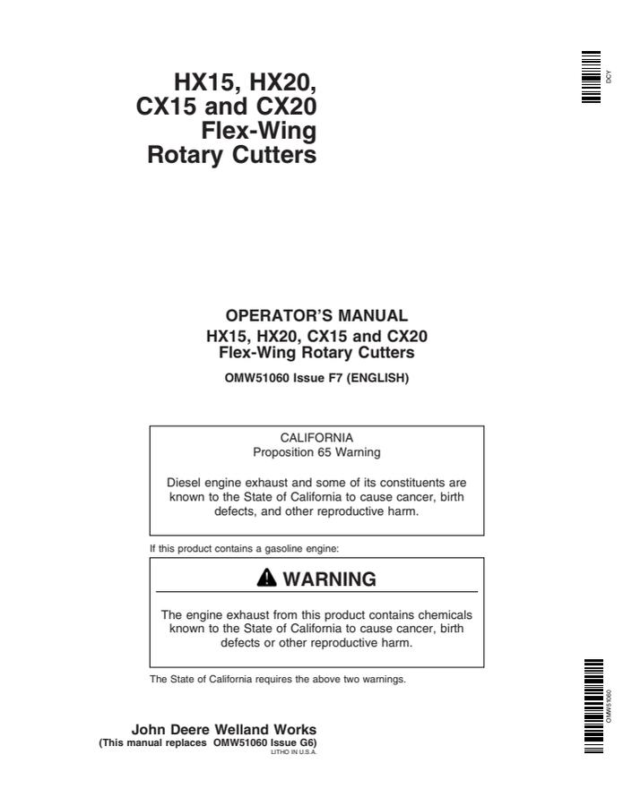 John Deere HX15, HX20, CX15, CX20 Flex-wing rotary cutter Operator manual OMW51060 — actual manual cover