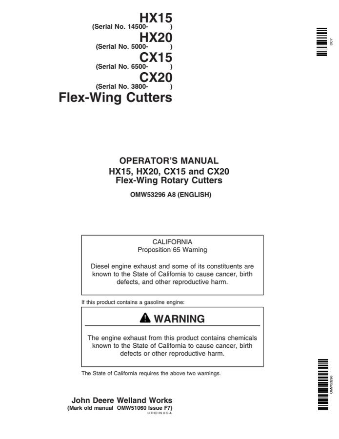 John Deere HX15, HX20, CX15, CX20 Flex-wing rotary cutter Operator's manual OMW53296 — actual manual cover