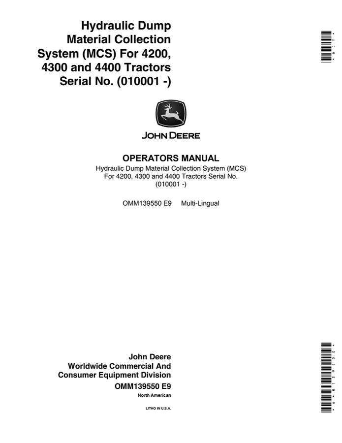 John Deere Hydraulic Dump MCS Material collection system Operator manual OMM139550 — actual manual cover