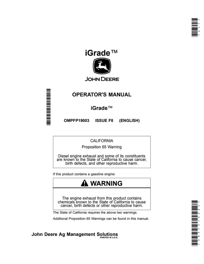John Deere iGrade Grade control system Operator manual OMPFP19003 — actual manual cover