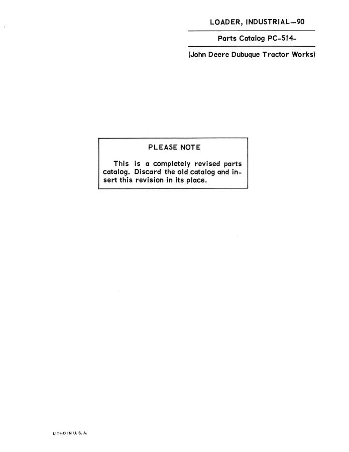 John Deere Industrial 90 Loader Parts catalog PC-514 — actual manual cover