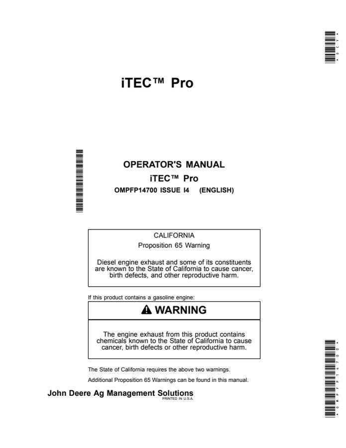 John Deere iTEC Pro Agricultural equipment system Operator manual OMPFP14700 — actual manual cover