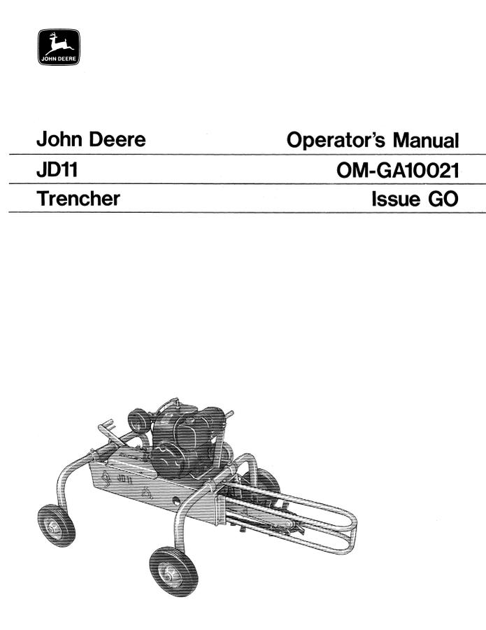 John Deere JD11 Trencher Operator manual OM-GA10021 — actual manual cover