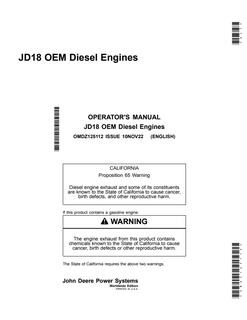 John Deere JD18 OEM Diesel engine Operator manual OMDZ125112 — actual manual cover