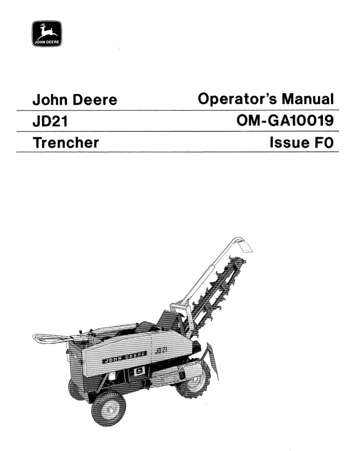 John Deere JD21 Trencher Operator manual OM-GA10019 — actual manual cover