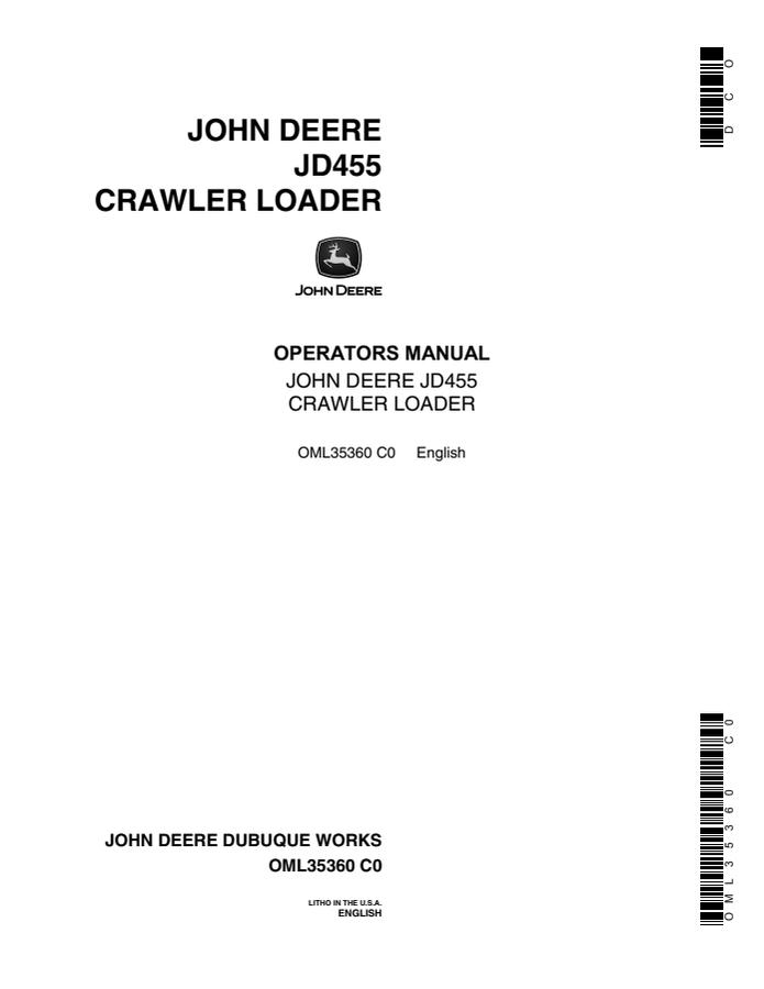 John Deere JD455 Crawler loader Operator manual OML35360 — actual manual cover