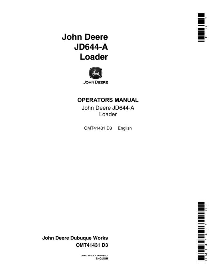 John Deere JD644-A Loader Operator manual OMT41431 — actual manual cover
