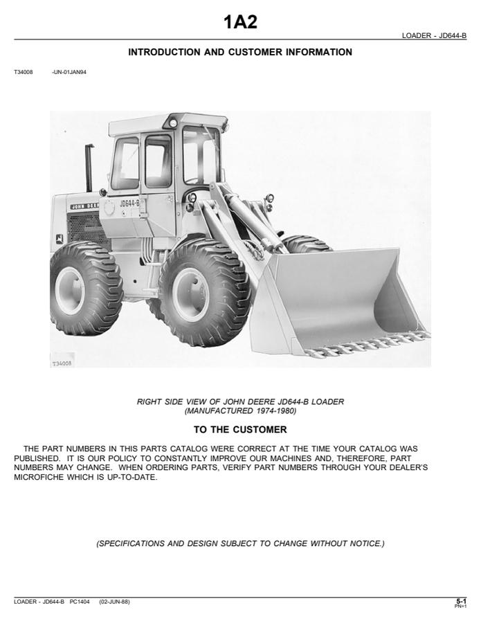 John Deere JD644-B Loader Parts catalog PC1404 — actual manual cover