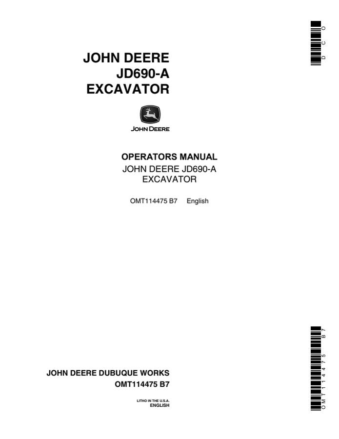 John Deere JD690-A Excavator Operator manual OMT114475 — actual manual cover