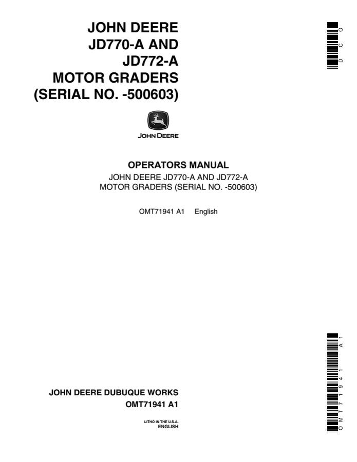 John Deere JD770-A, JD772-A Motor grader Operator manual OMT71941 — actual manual cover