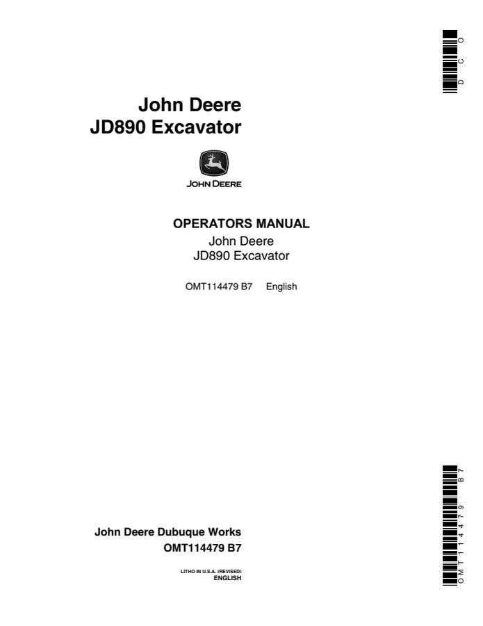 John Deere JD890 Excavator Operator manual OMT114479 — actual manual cover