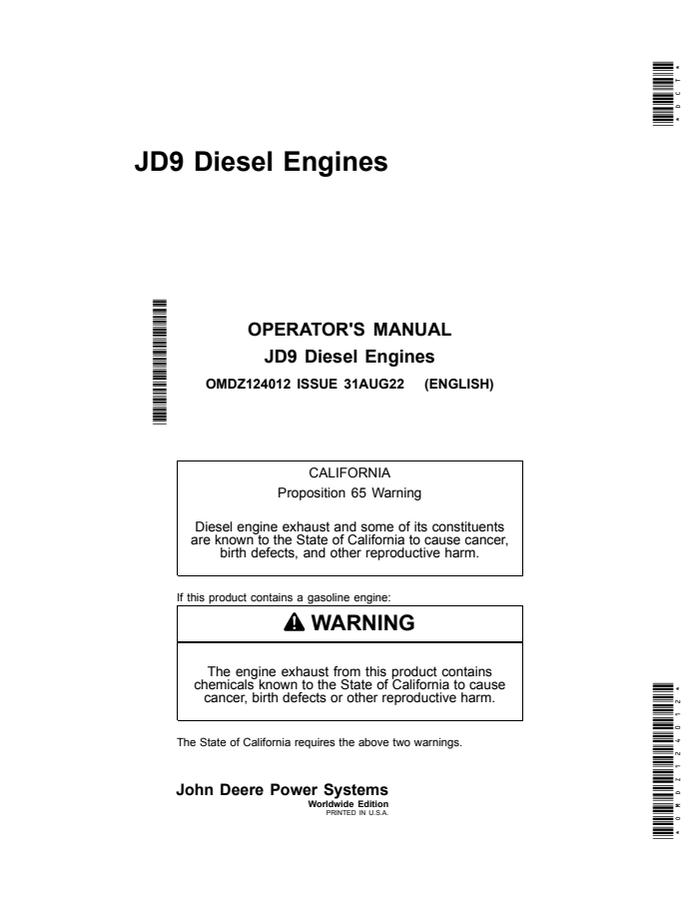 John Deere JD9 Diesel engine Operator's manual OMDZ124012 — actual manual cover