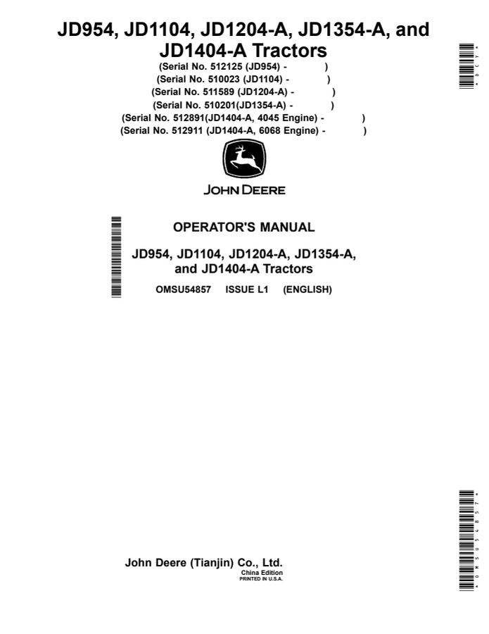 John Deere JD954, JD1104, JD1204-A, JD1354-A, JD1404-A Agricultural tractor Operator's manual OMSU54857 — actual manual cover