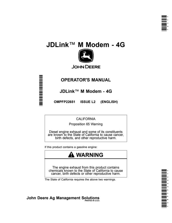 John Deere JDLink M Modem 4G Telematics modem Operator manual OMPFP22651 — actual manual cover