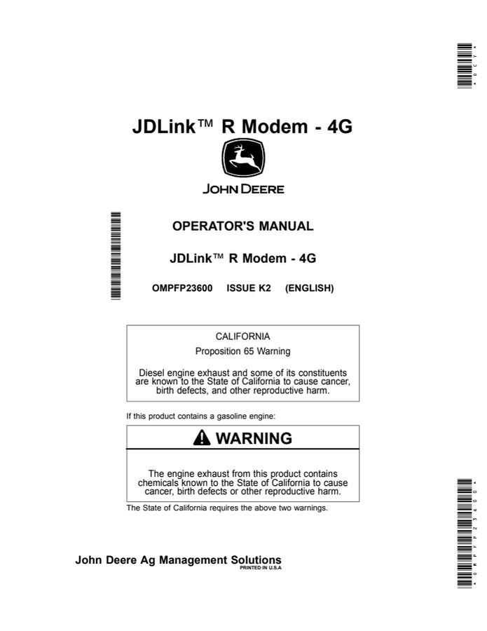 John Deere JDLink R Modem 4G Telematics modem Operator manual OMPFP23600 — actual manual cover