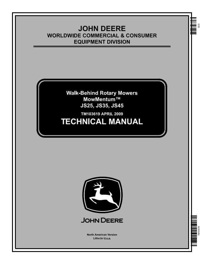 John Deere JS25, JS35, JS45 Walk-behind mower Technical manual TM103619 — actual manual cover