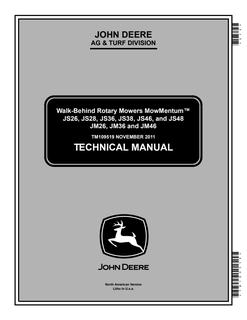 John Deere JS26, JS28, JS36, JS38, JS46, JS48, JM26, JM36, JM46 Walk-Behind Rotary Mower Technical Manual TM109519 — actual manual cover
