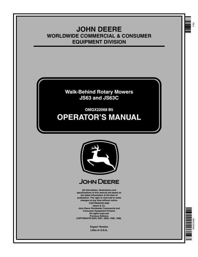 John Deere JS63, JS63C Walk-behind rotary mower Operator manual OMGX22068 — actual manual cover