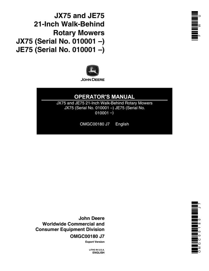 John Deere JX75, JE75 Walk-behind rotary mower Operator manual OMGC00180 — actual manual cover