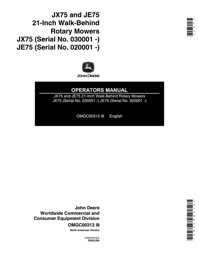 John Deere JX75, JE75 Walk-behind rotary mower Operator manual OMGC00313 — actual manual cover