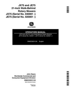 John Deere JX75, JE75 Walk-behind rotary mower Operator manual OMGC00313 — actual manual cover