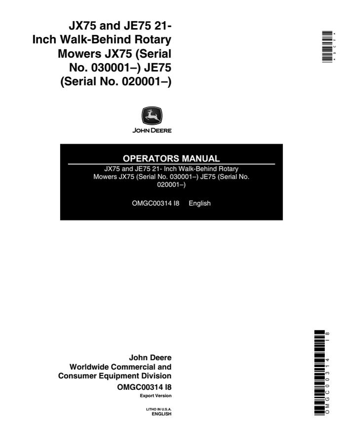John Deere JX75, JE75 Walk-behind rotary mower Operator manual OMGC00314 — actual manual cover
