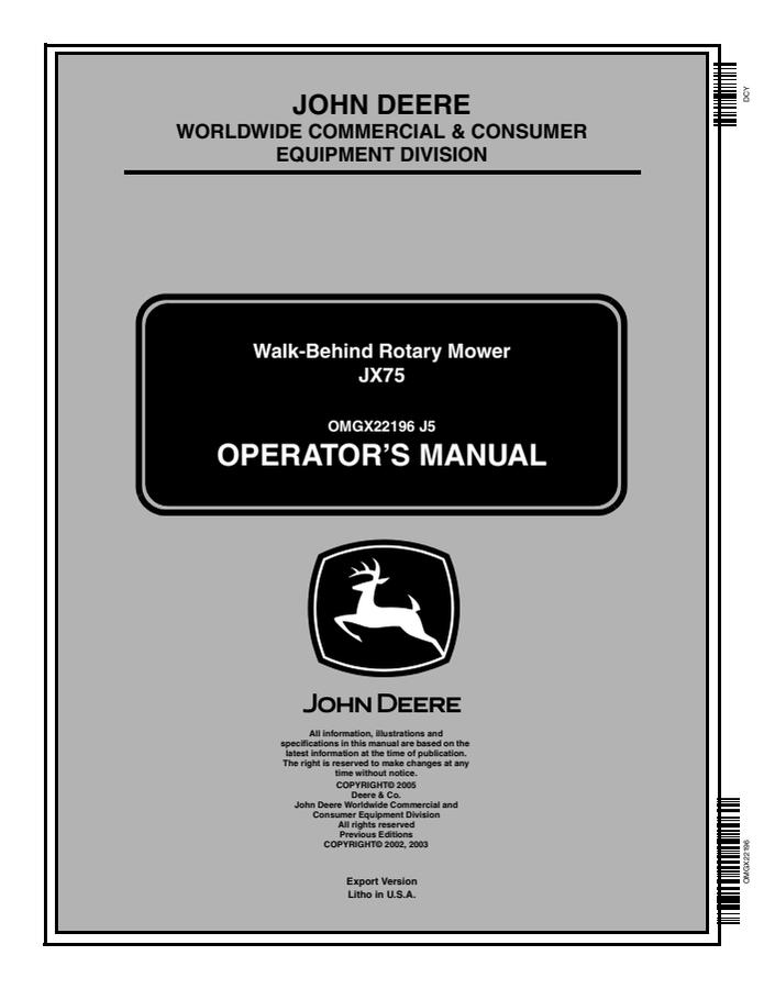 John Deere JX75 Walk-behind rotary mower Operator manual OMGX22196 — actual manual cover