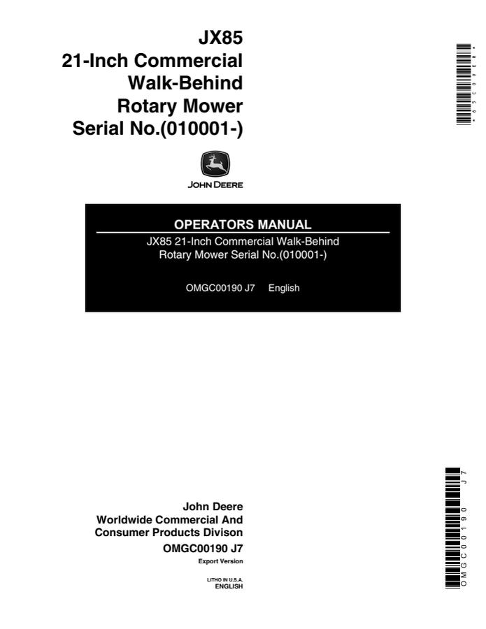 John Deere JX85 Walk-behind rotary mower Operator manual OMGC00190 — actual manual cover
