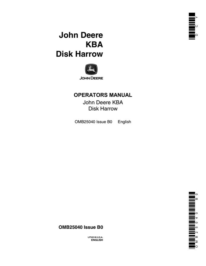 John Deere KBA Disk harrow Operator manual OMB25040 — actual manual cover