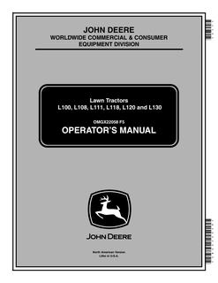 John Deere L100, L108, L111, L118, L120, L130 Lawn tractor Operator manual OMGX22058 — actual manual cover