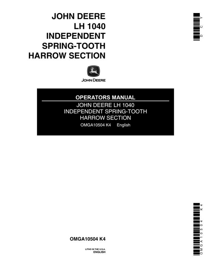 John Deere LH 1040 Harrow section Operator manual OMGA10504 — actual manual cover