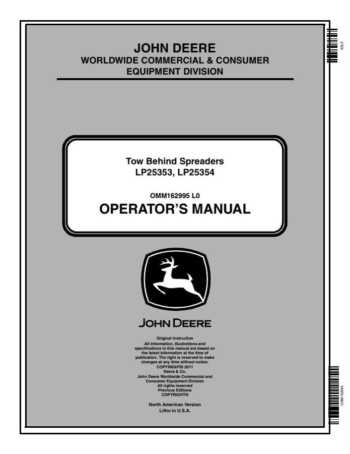 John Deere LP25353 and LP25354 Tow-behind spreader Operator manual OMM162995 — actual manual cover