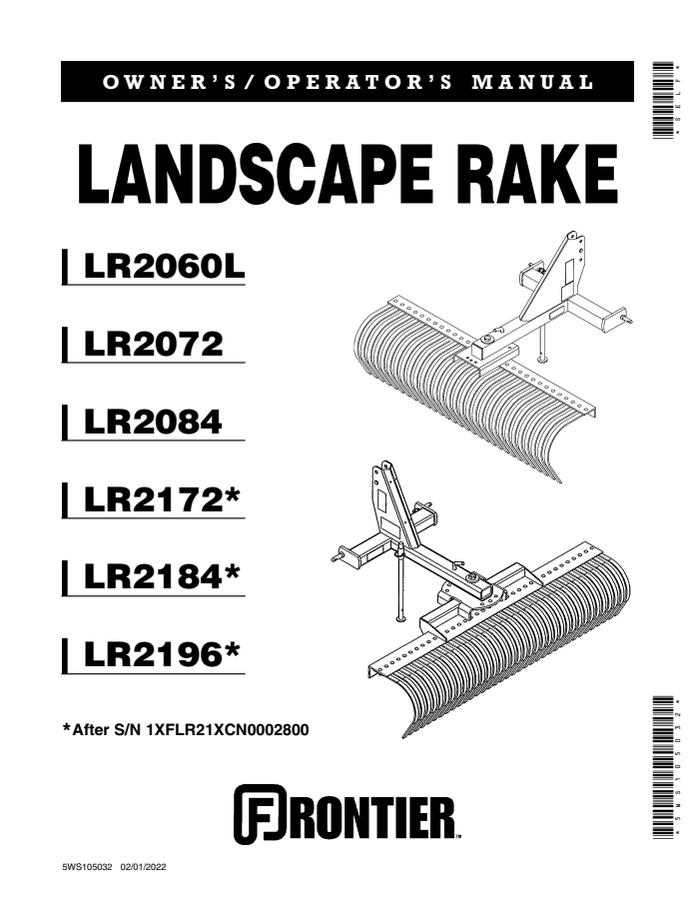 John Deere LR2060L; LR2072; LR2084; LR2172; LR2184; LR2196 Landscape rake Operator manual 5WS105032 — actual manual cover