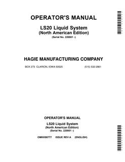 John Deere LS20 Liquid system Operator manual OMKK90777 — actual manual cover