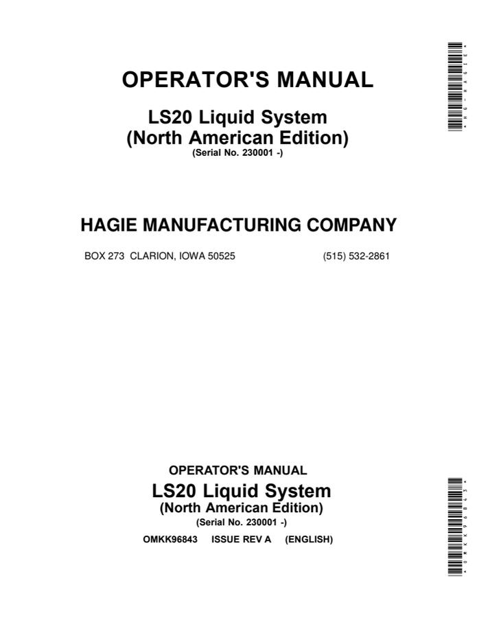John Deere LS20 Liquid system Operator manual OMKK96843 — actual manual cover
