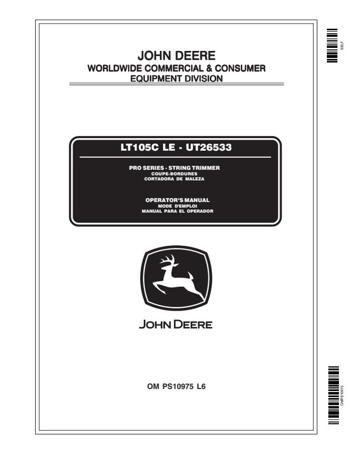 John Deere LT105C LE (UT26533) String trimmer Operator manual OMPS10975 — actual manual cover